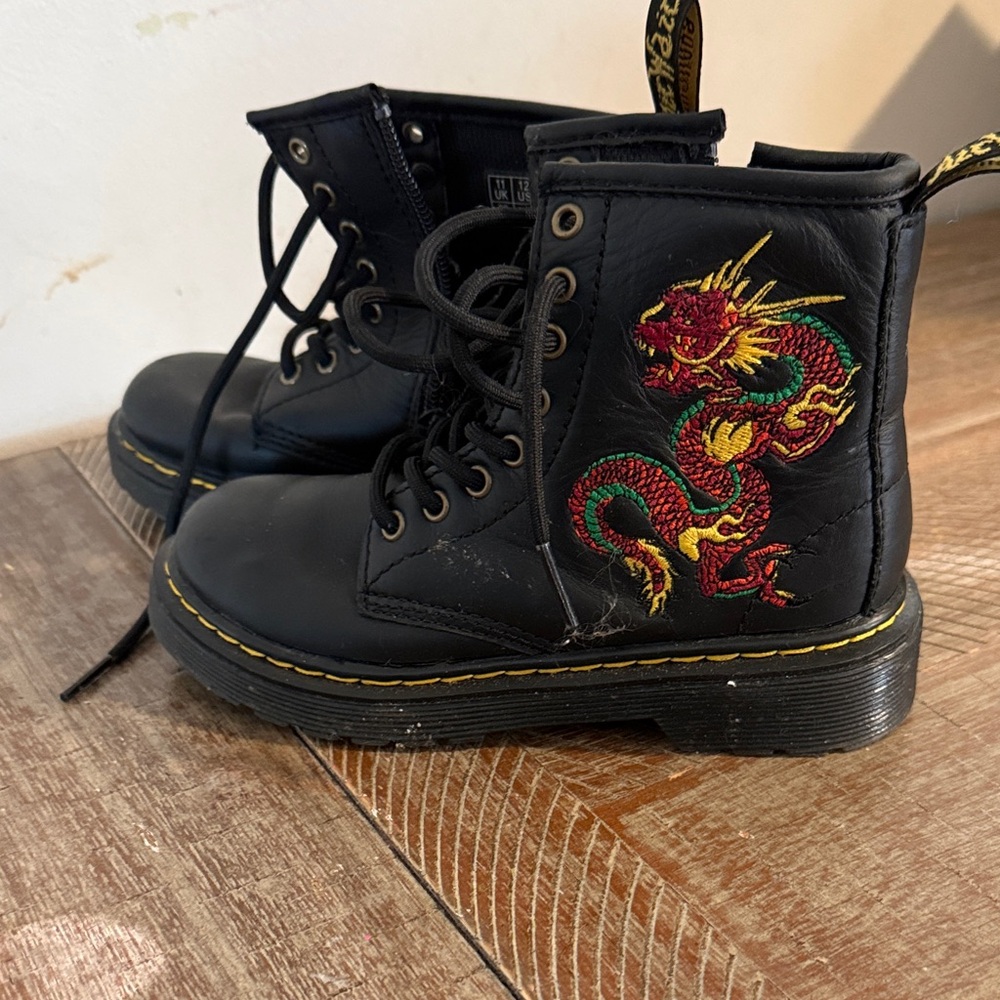 Dr. Martens Black Kids Lace-Up Boots with Red & Green Dragon Embroidery